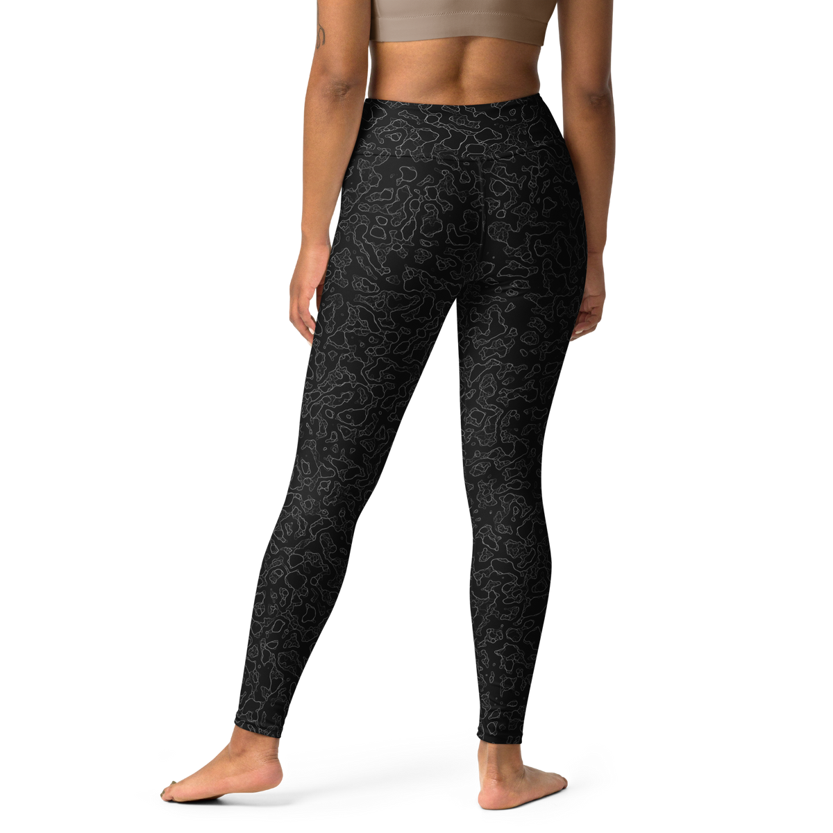 Lava Greyscale high-waisted yoga leggings, back view.