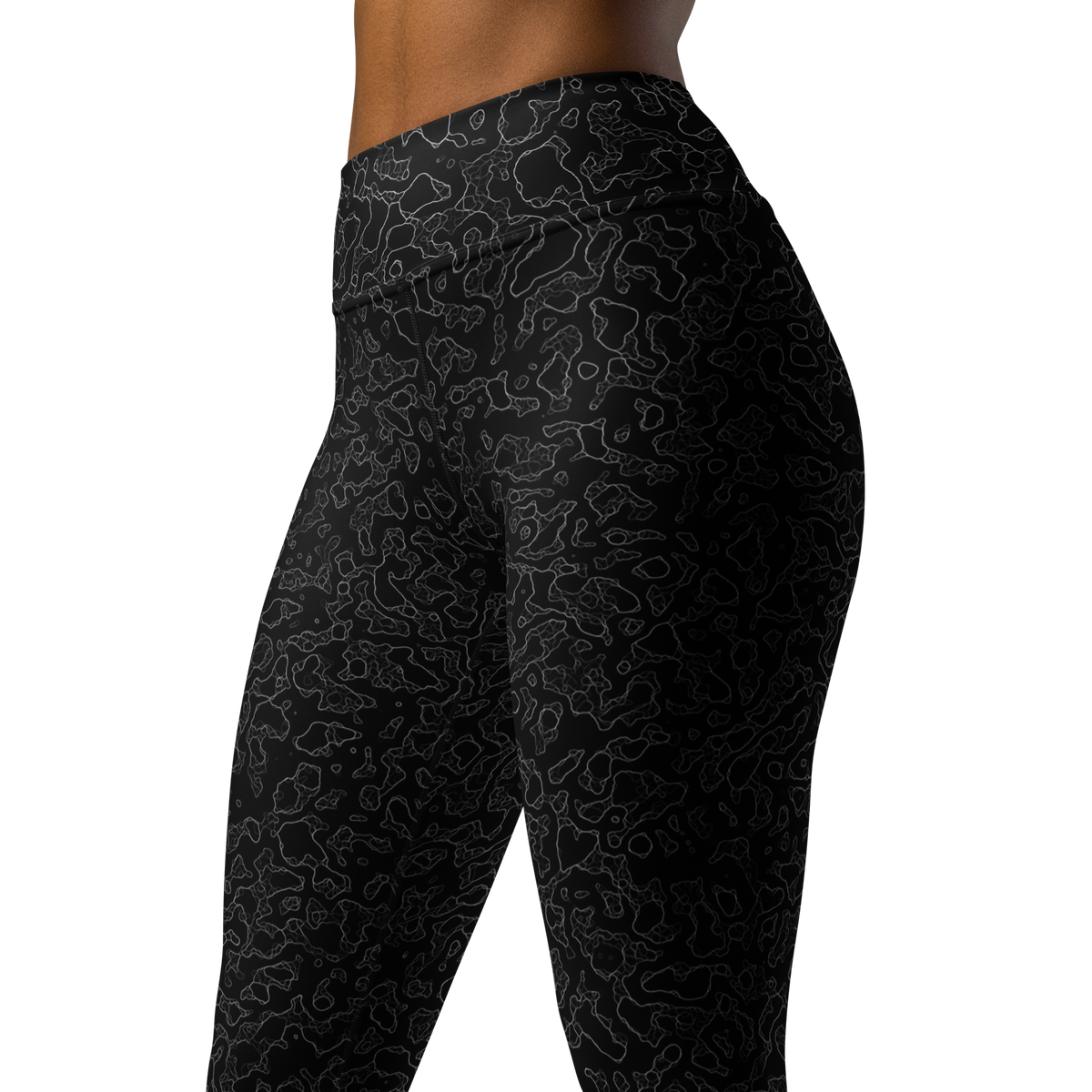 Lava Greyscale high-waisted yoga leggings, close pattern view.