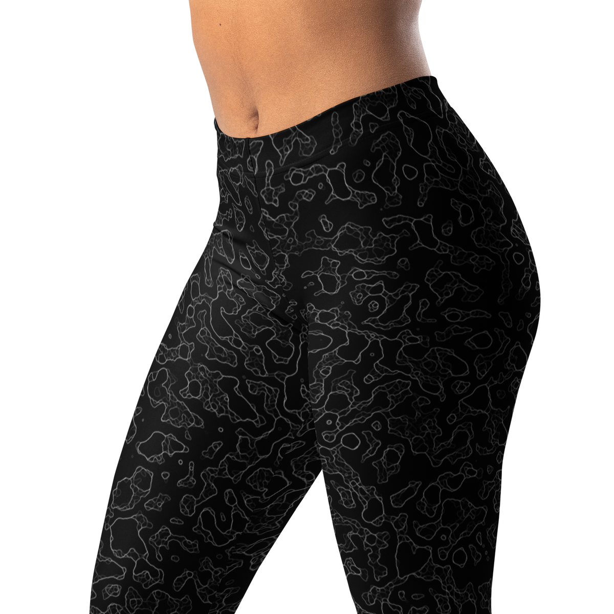 Lava Greyscale mid-rise comfort leggings, waistband and pattern detail.