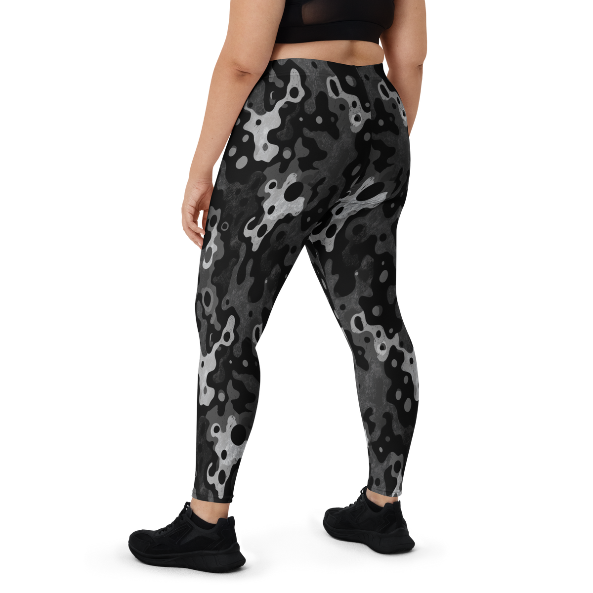 Lubla Greyscale camouflage mid-rise comfort leggings, oversize-fit back view.