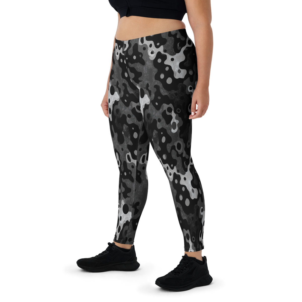 Lubla Greyscale camouflage mid-rise comfort leggings, oversize-fit front view.