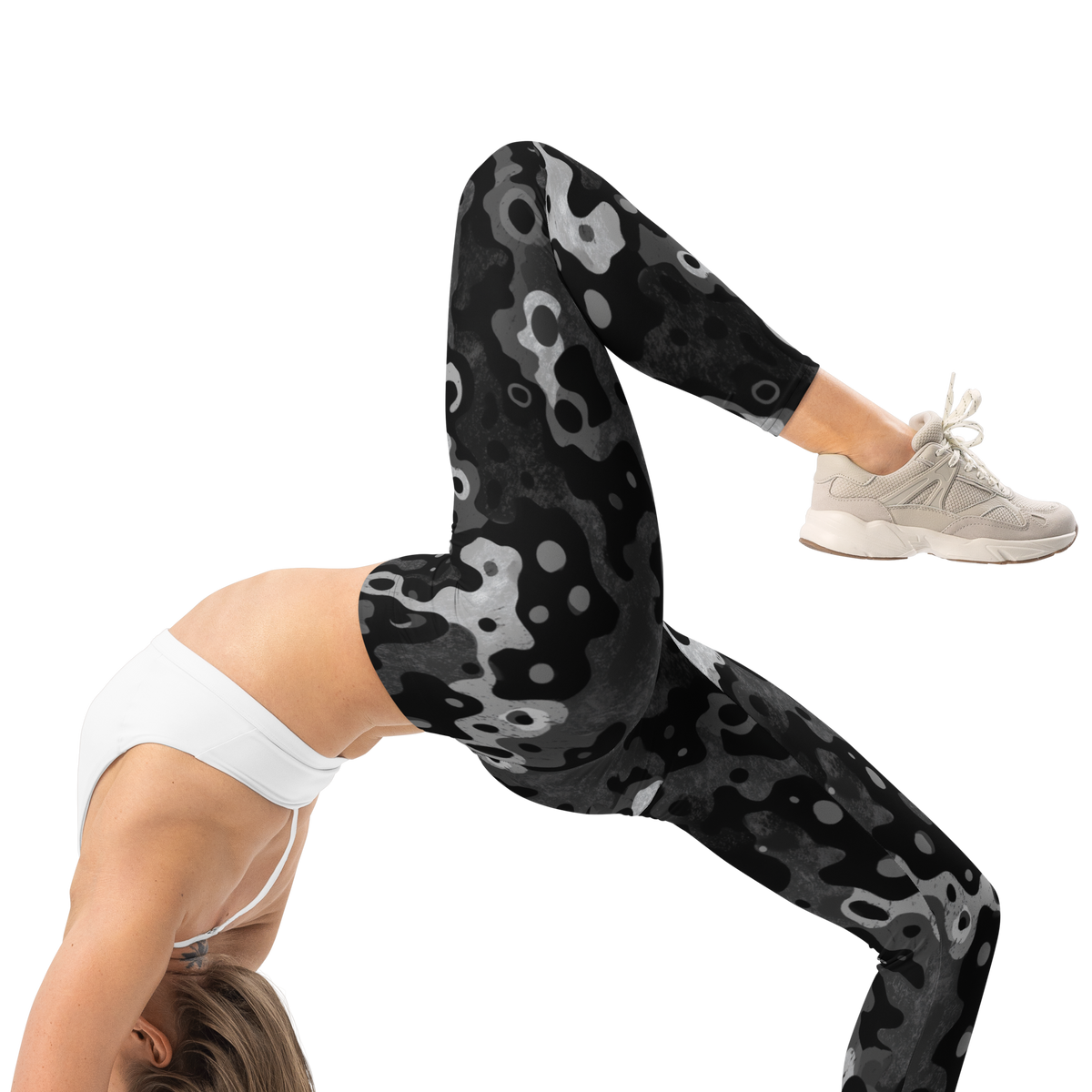 Lubla Greyscale camouflage mid-rise comfort leggings, right-side view.