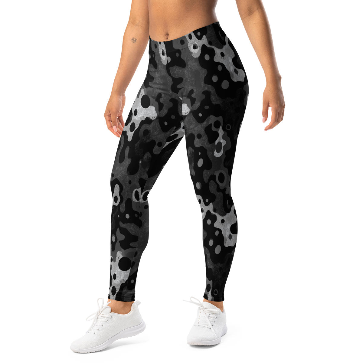 Lubla · Greyscale mid-rise everyday leggings, left-front view.