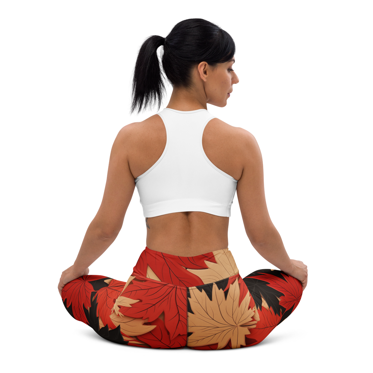 Maple Scarfhold Palette high-waisted yoga leggings, seated back view.
