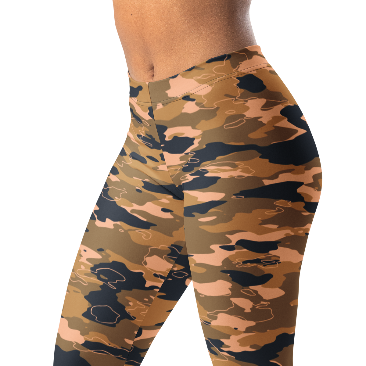 Marsho Flavour-Full camouflage mid-rise comfort leggings, waistband and pattern detail.
