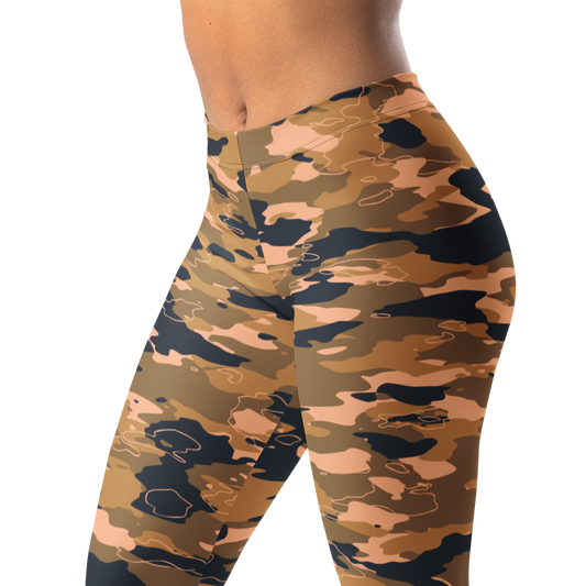 Marsho Flavour-Full camouflage mid-rise comfort leggings, waistband and pattern detail.