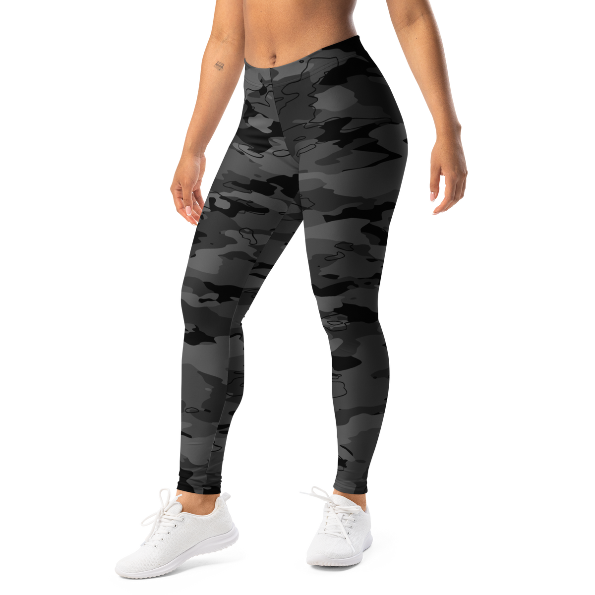 Marsho Greyscale 1 camouflage mid-rise comfort leggings, left-front view.