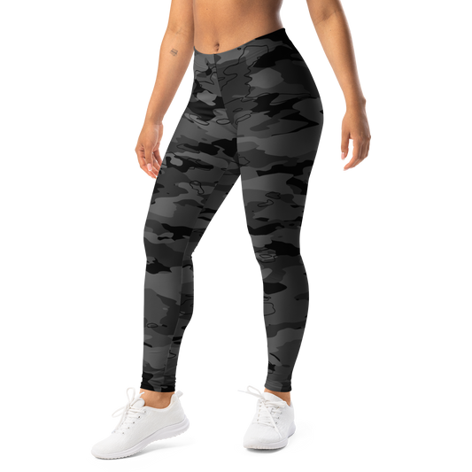 Marsho Greyscale 1 camouflage mid-rise comfort leggings, left-front view.