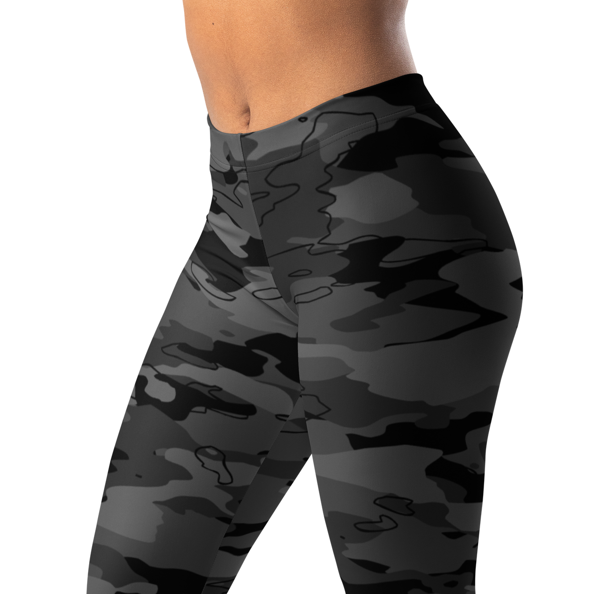 Marsho Greyscale 1 camouflage mid-rise comfort leggings, waistband and pattern detail.
