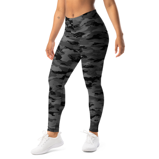 Marsho Greyscale 3 camouflage mid-rise comfort leggings, left-front view.