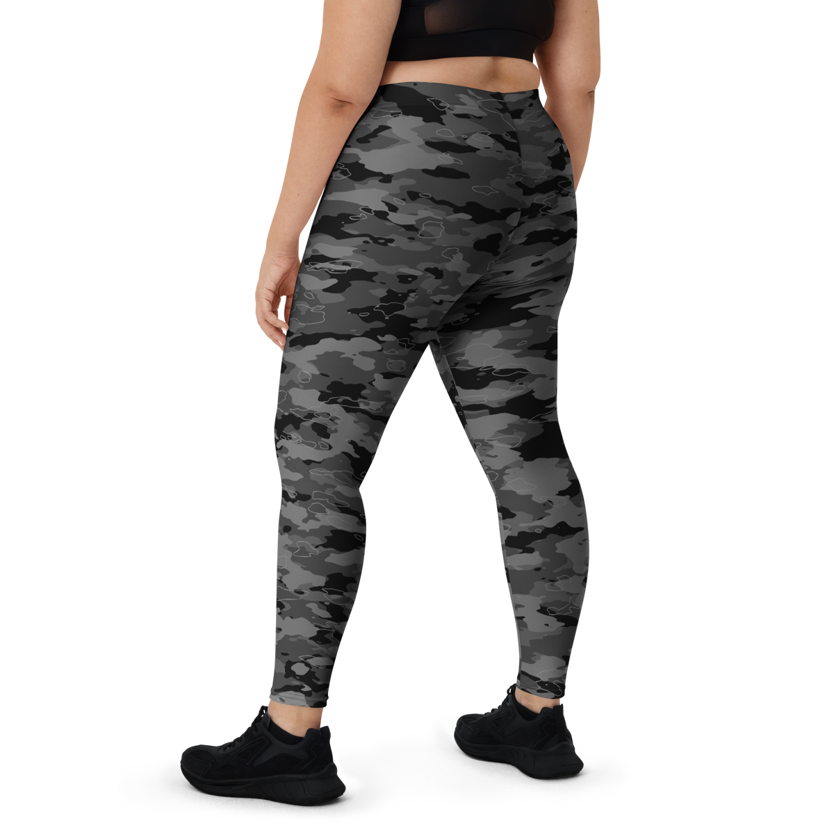 Marsho Greyscale 3 camouflage mid-rise comfort leggings, oversize-fit back view.