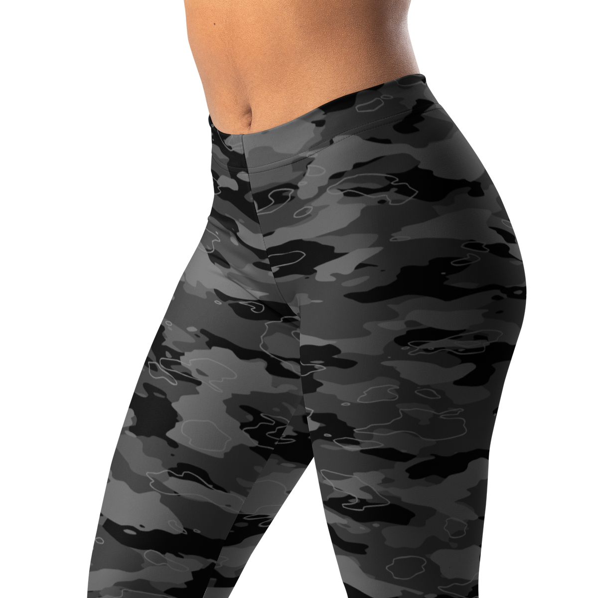 Marsho Greyscale 3 camouflage mid-rise comfort leggings, waistband and pattern detail.