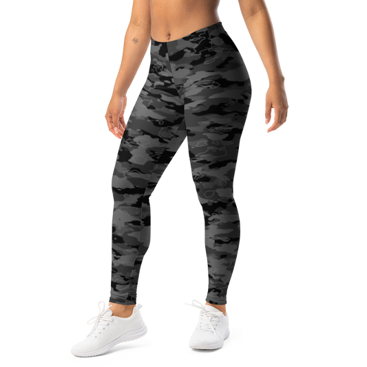 Marsho · Greyscale · 3 mid-rise everyday leggings, left-front view.