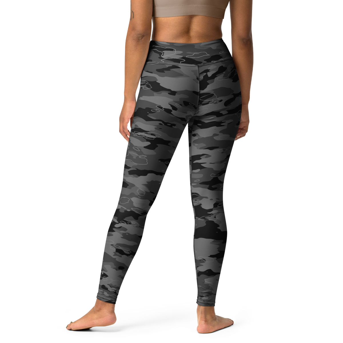 Marsho Greyscale camouflage high-waisted yoga leggings, back view.