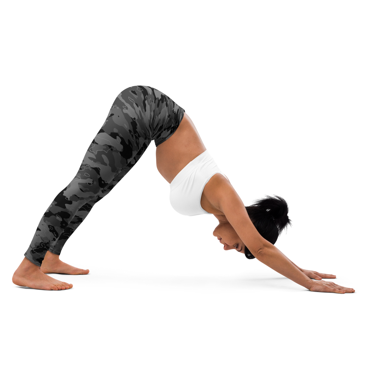 Marsho Greyscale camouflage high-waisted yoga leggings, downward-dog stretch view.