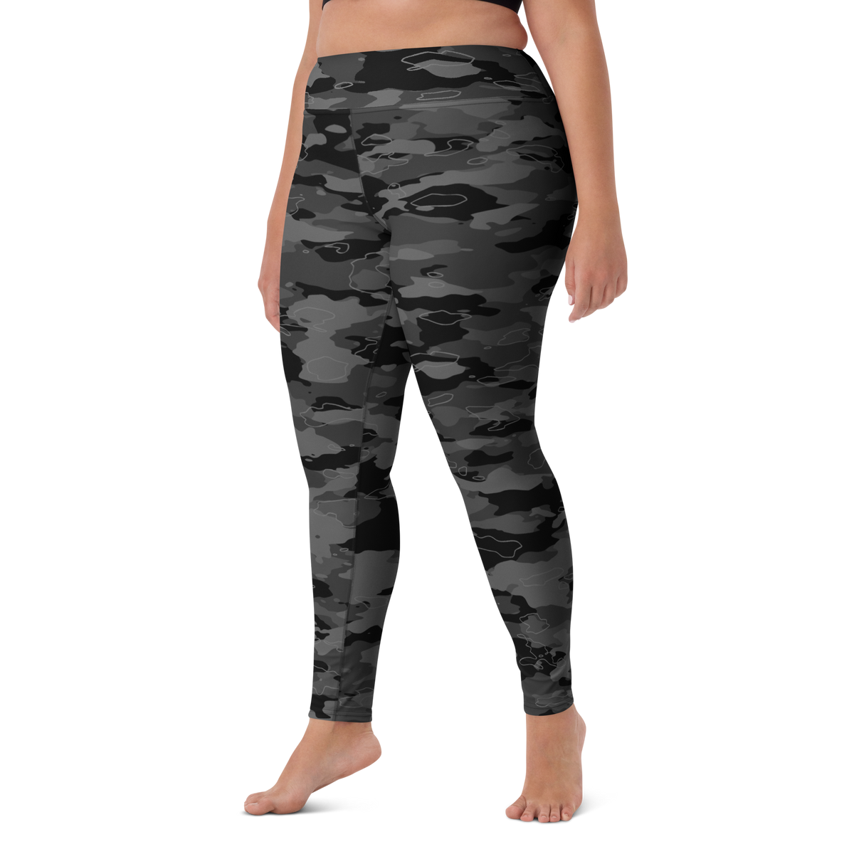 Marsho Greyscale camouflage high-waisted yoga leggings, larger-model left-front view.