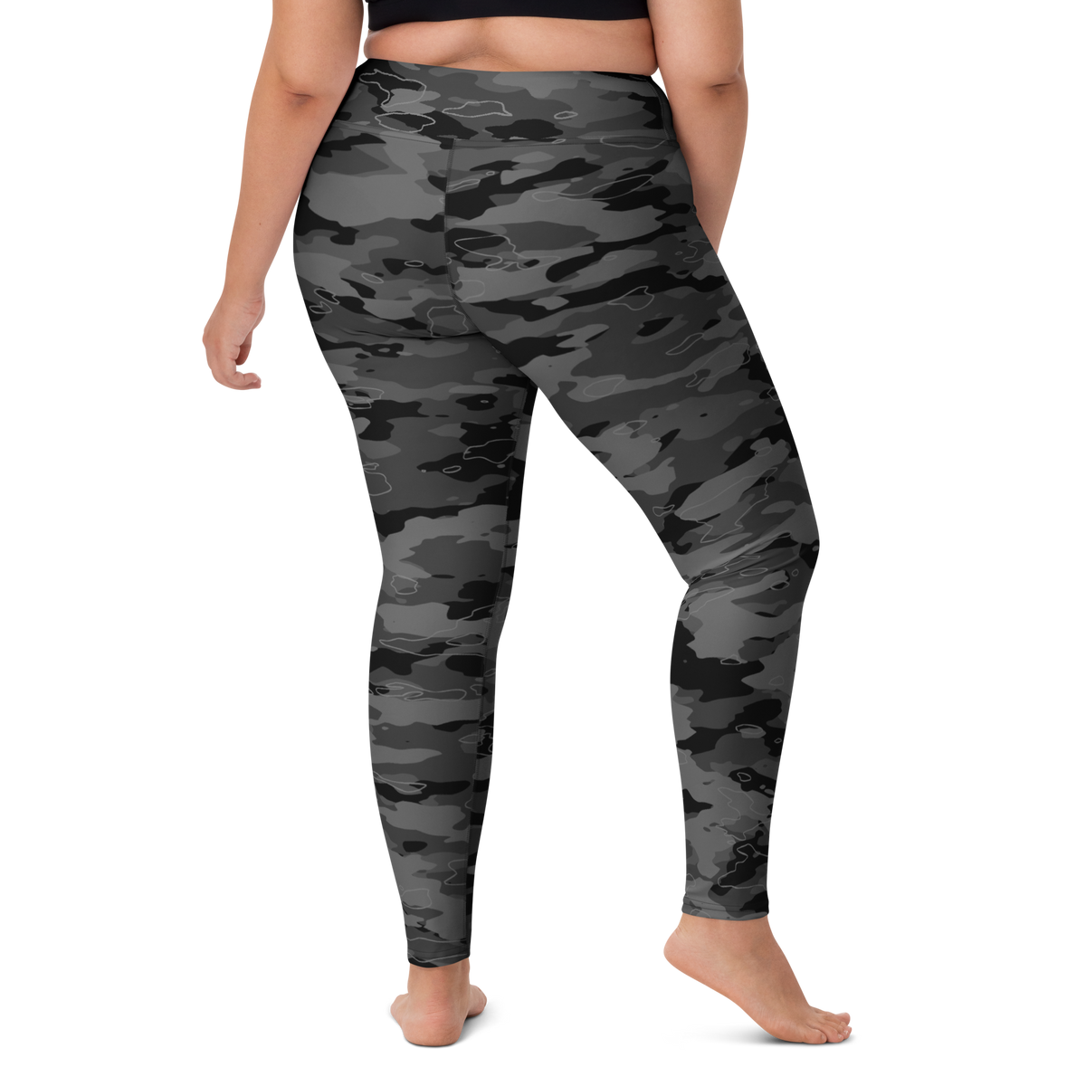 Marsho Greyscale camouflage high-waisted yoga leggings, larger-model right-back view.