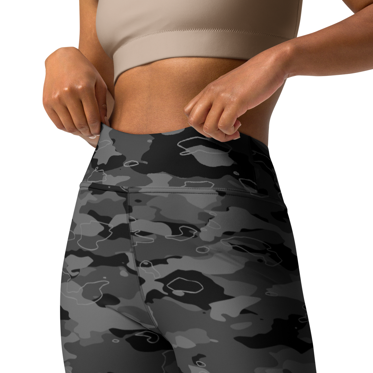 Marsho Greyscale camouflage high-waisted yoga leggings, waistband and construction detail.
