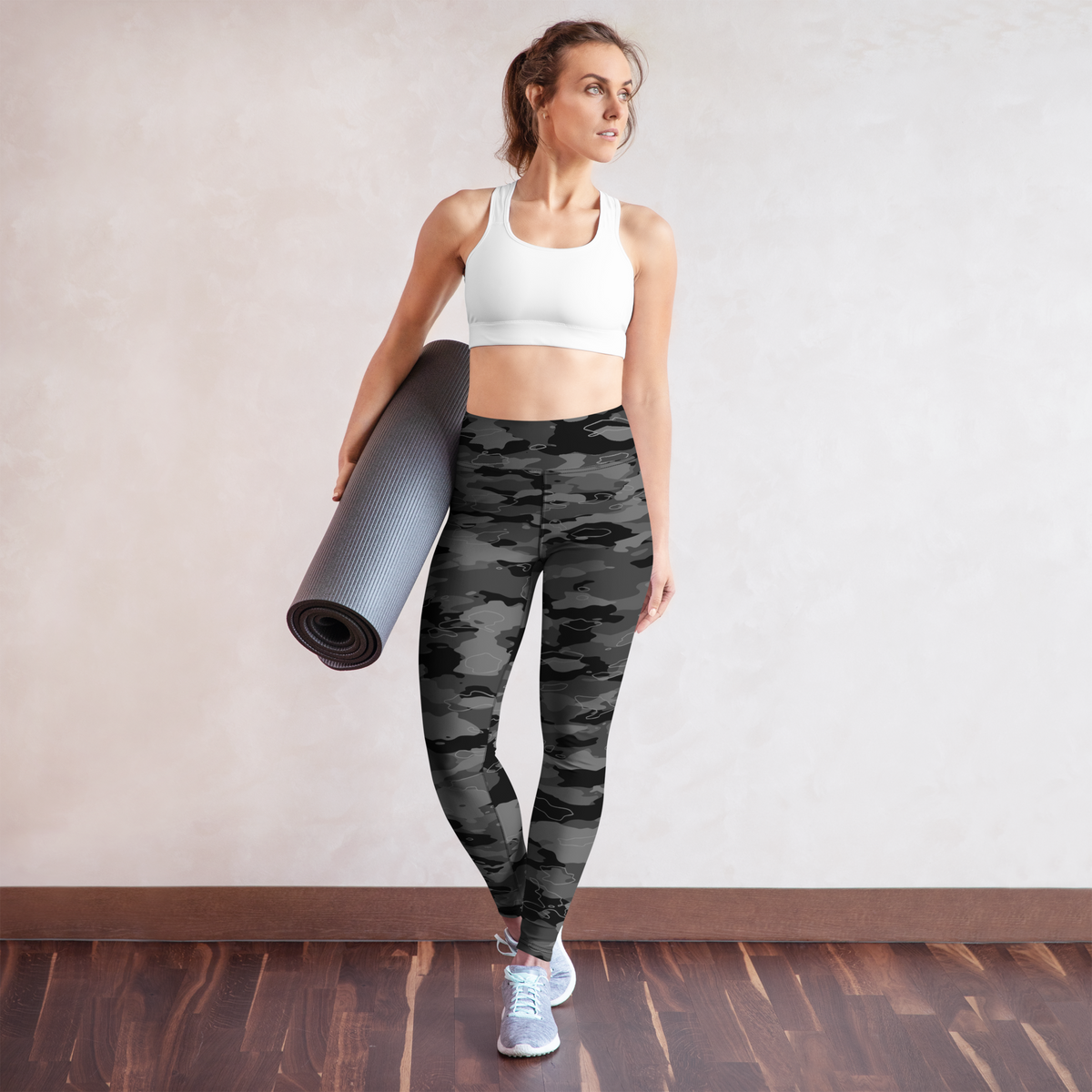 Marsho Greyscale camouflage high-waisted yoga leggings, yoga lifestyle view.