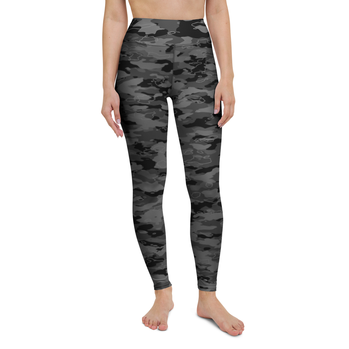 Marsho · Greyscale high-waisted yoga leggings, straight front view, barefoot.