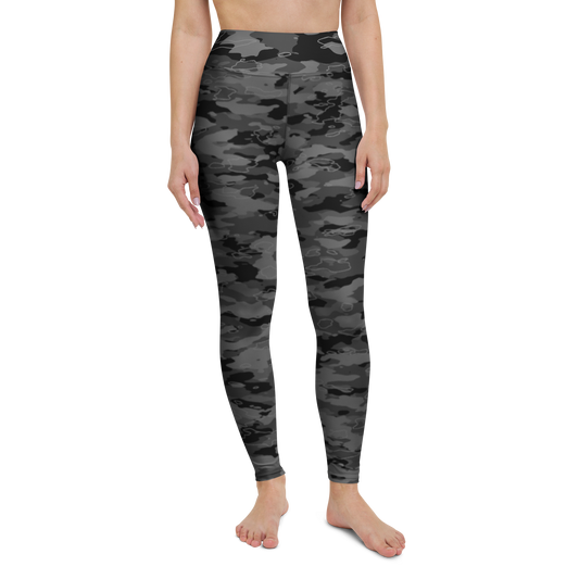 Marsho · Greyscale high-waisted yoga leggings, straight front view, barefoot.