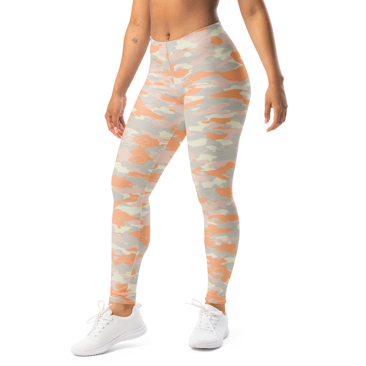 Marsho Peach Harmony camouflage mid-rise comfort leggings, left-front view.