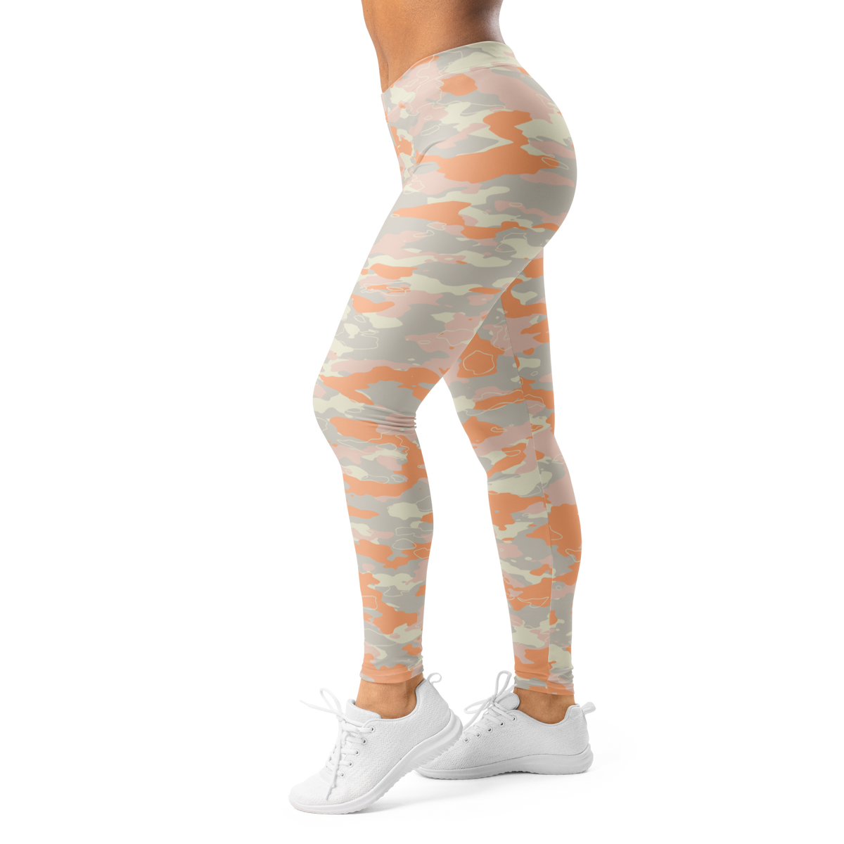 Marsho Peach Harmony camouflage mid-rise comfort leggings, left-side view.