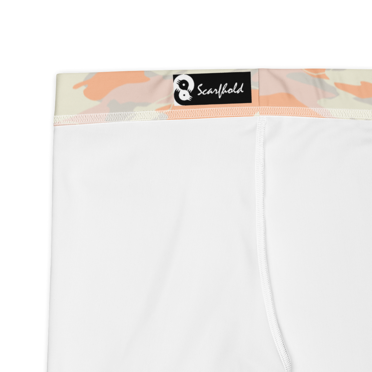Marsho Peach Harmony camouflage mid-rise comfort leggings, fabric and construction details.