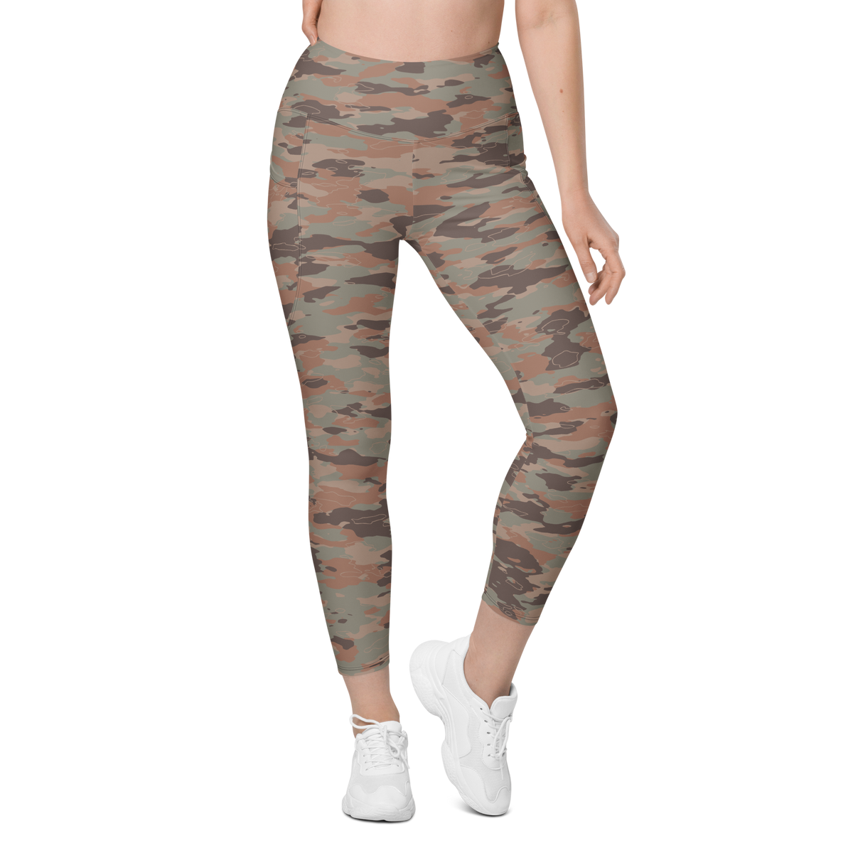 Marsho Relaxed Elegance camouflage high-waisted pocket leggings, front view.
