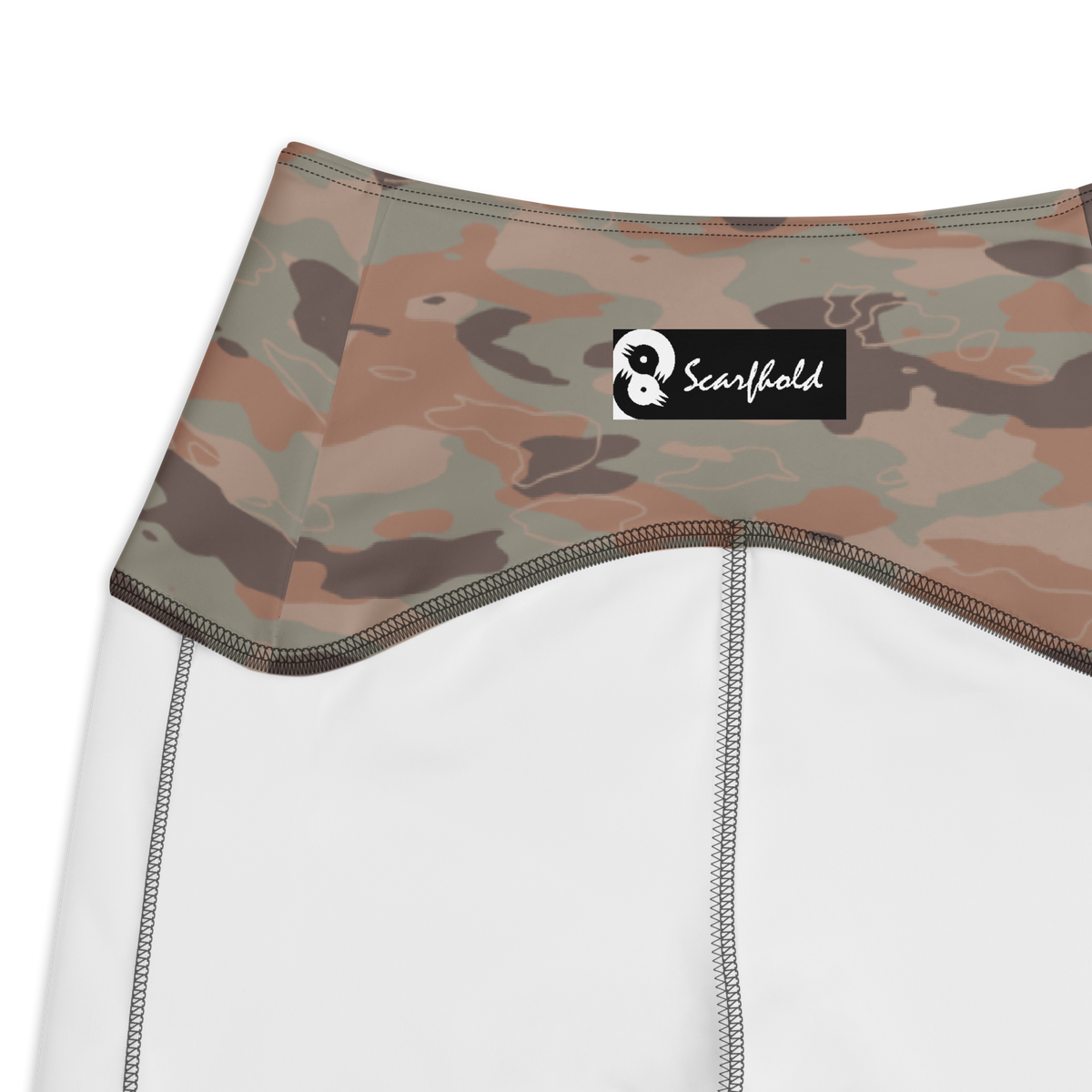 Marsho Relaxed Elegance camouflage high-waisted pocket leggings, inside-label and construction detail.