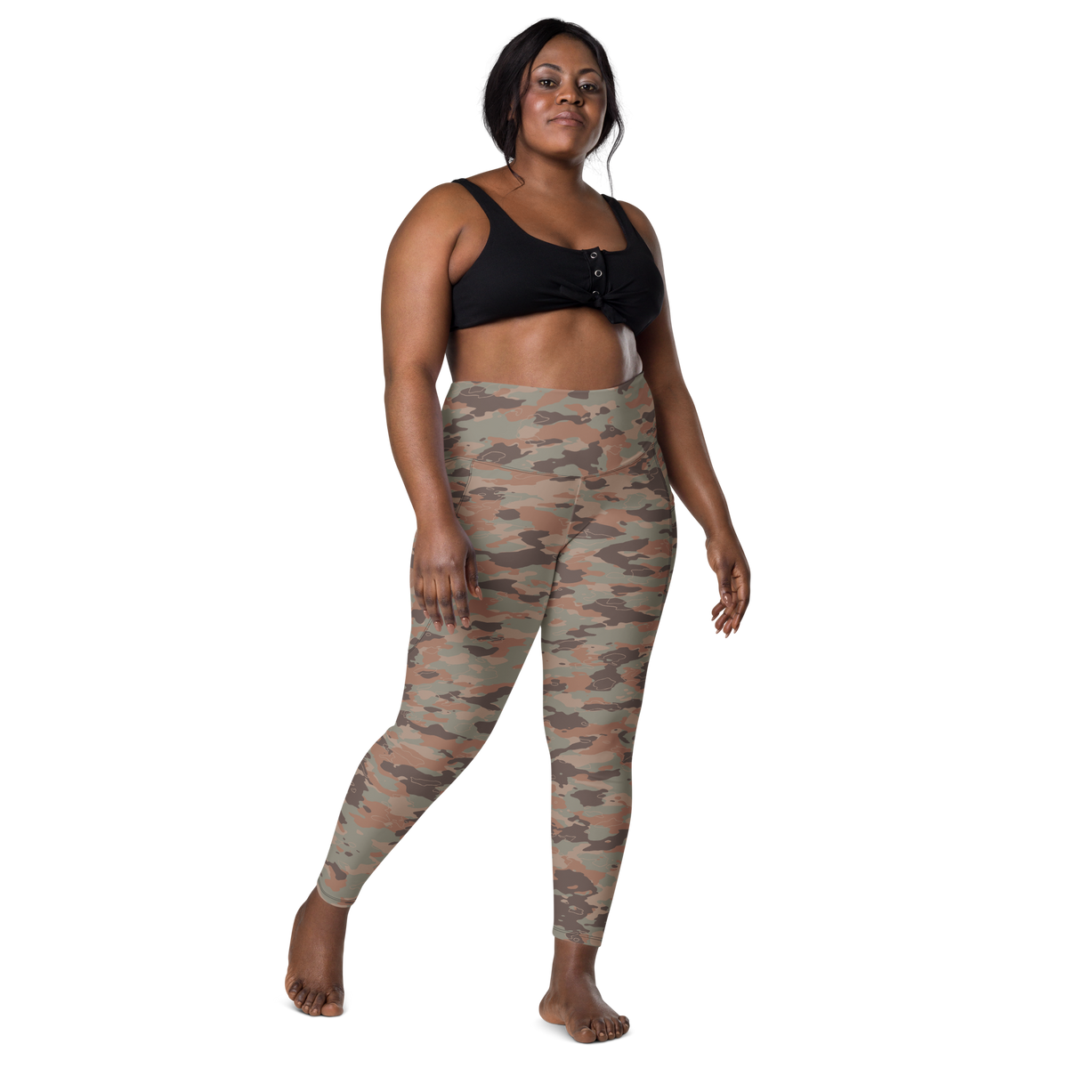 Marsho Relaxed Elegance camouflage high-waisted pocket leggings, larger-model front view.