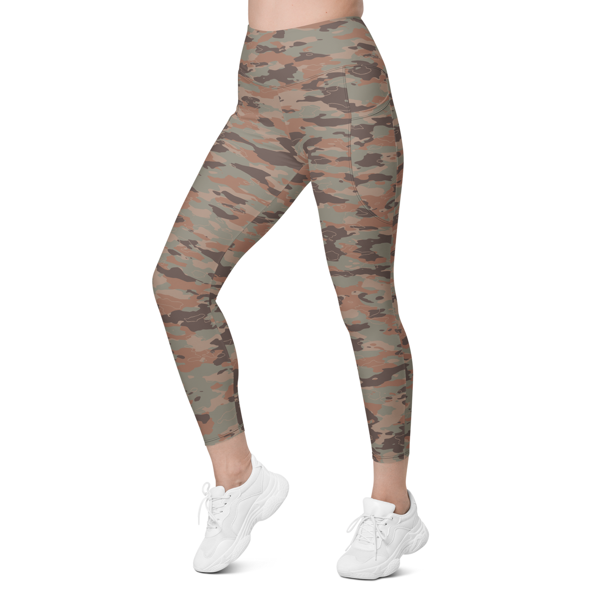 Marsho Relaxed Elegance camouflage high-waisted pocket leggings, left-front view.
