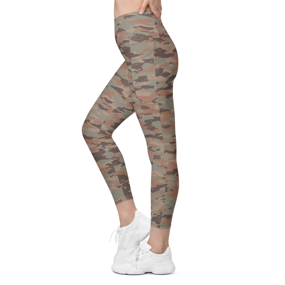 Marsho Relaxed Elegance camouflage high-waisted pocket leggings, movement view.