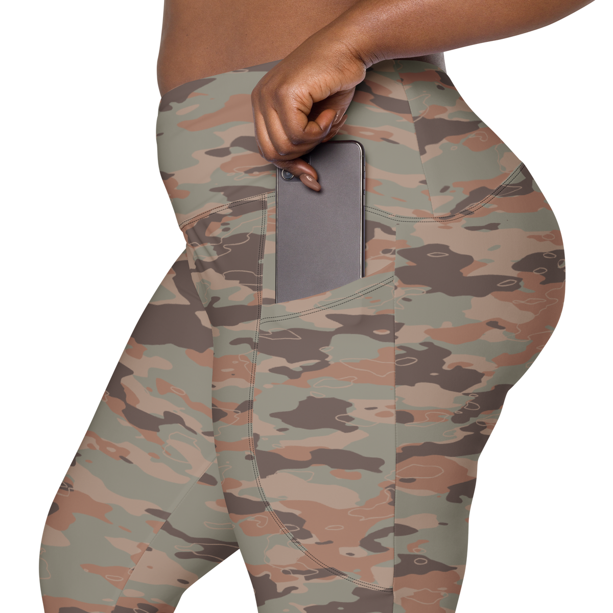 Marsho Relaxed Elegance camouflage high-waisted pocket leggings, rear pocket detail.