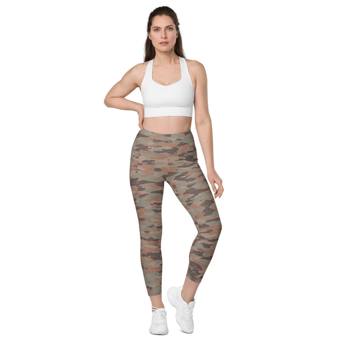 Marsho Relaxed Elegance camouflage high-waisted pocket leggings, straight-front view.