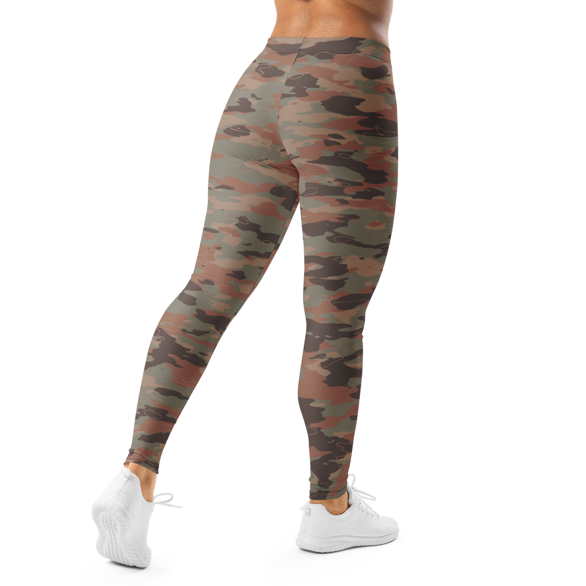 Marsho Relaxed Elegance camouflage mid-rise comfort leggings, back view.