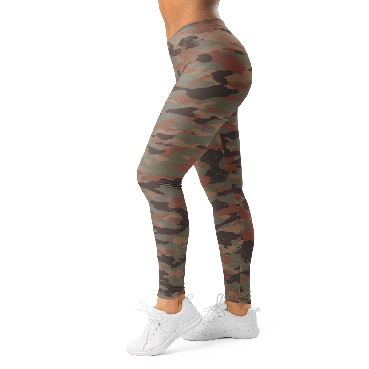 Marsho Relaxed Elegance camouflage mid-rise comfort leggings, left-side view.