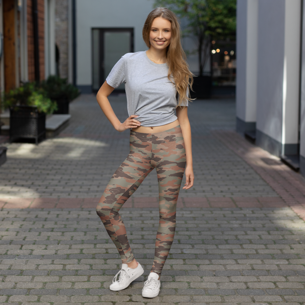 Marsho Relaxed Elegance camouflage mid-rise comfort leggings, lifestyle front view.