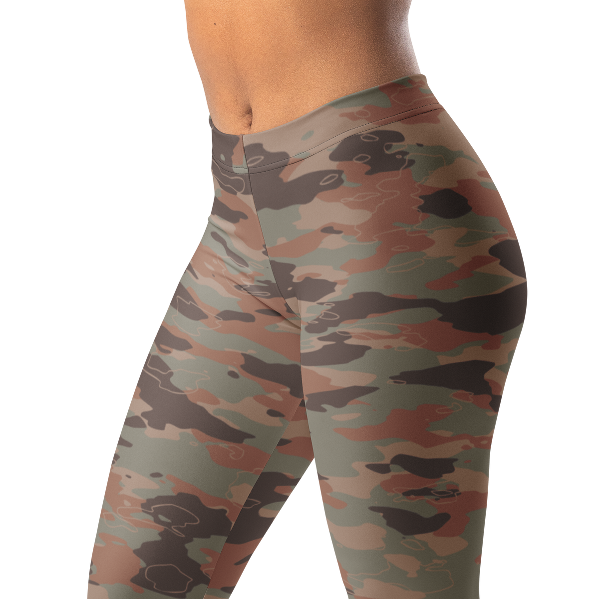Marsho Relaxed Elegance camouflage mid-rise comfort leggings, waistband and pattern detail.