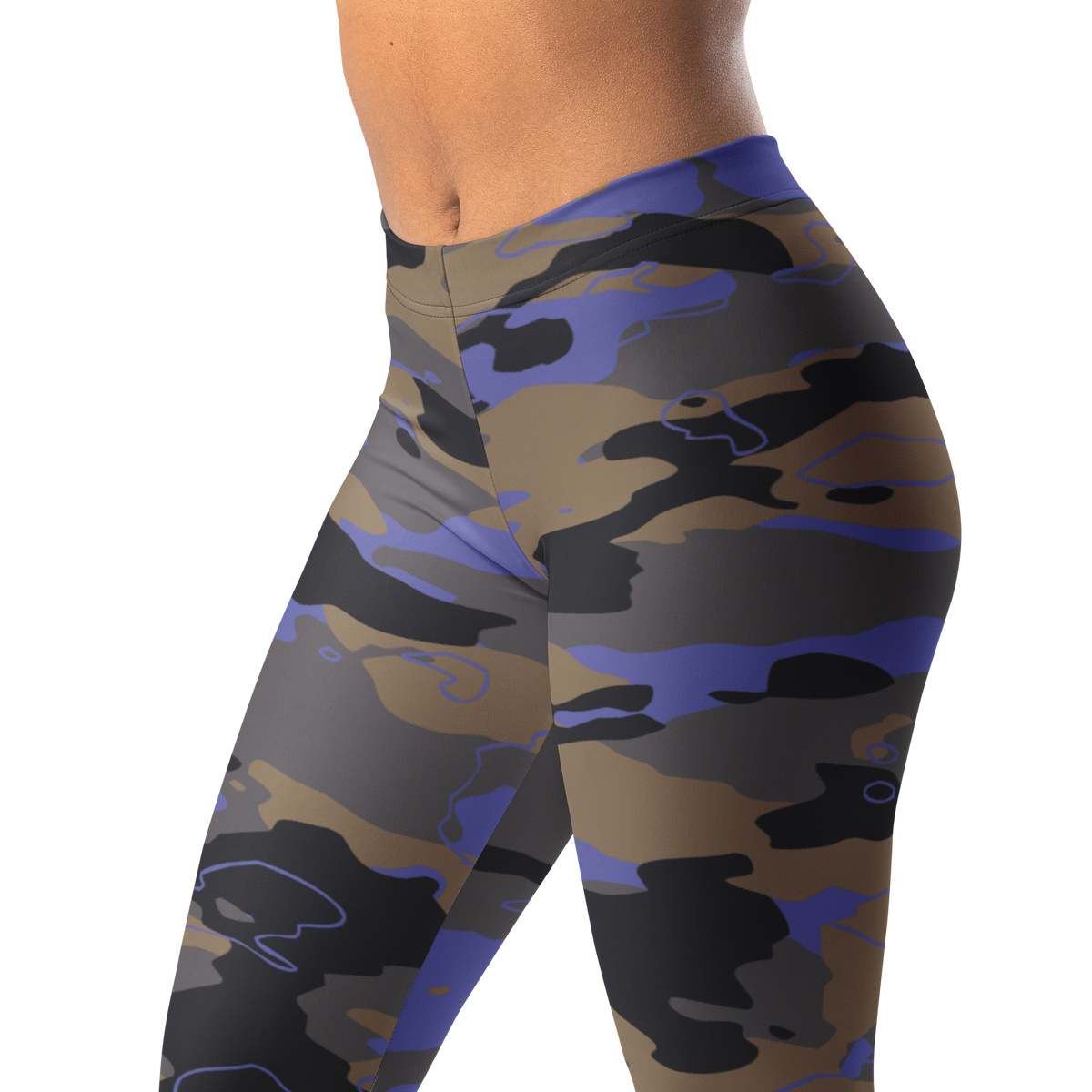 Marsho Very Peri 1 camouflage mid-rise comfort leggings, waistband and pattern detail.