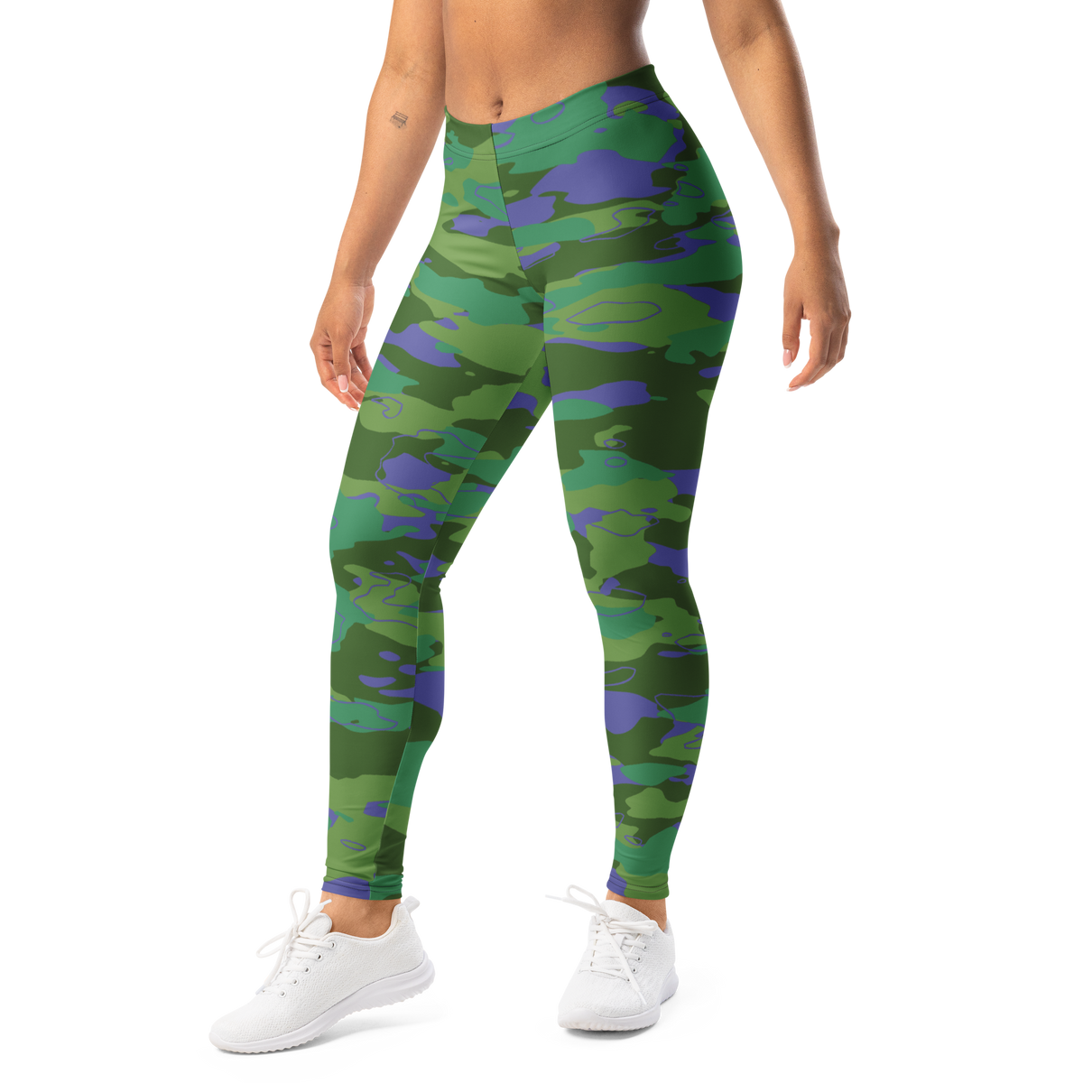 Marsho Very Peri 2 camouflage mid-rise comfort leggings, left-front view.