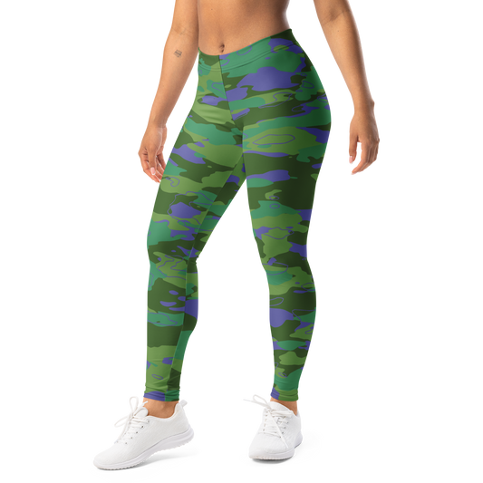 Marsho Very Peri 2 camouflage mid-rise comfort leggings, left-front view.