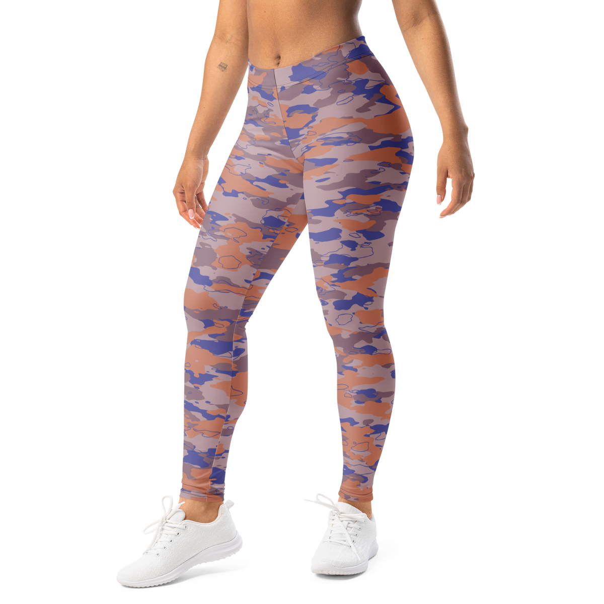 Marsho Very Peri 3 camouflage mid-rise comfort leggings, left-front view.