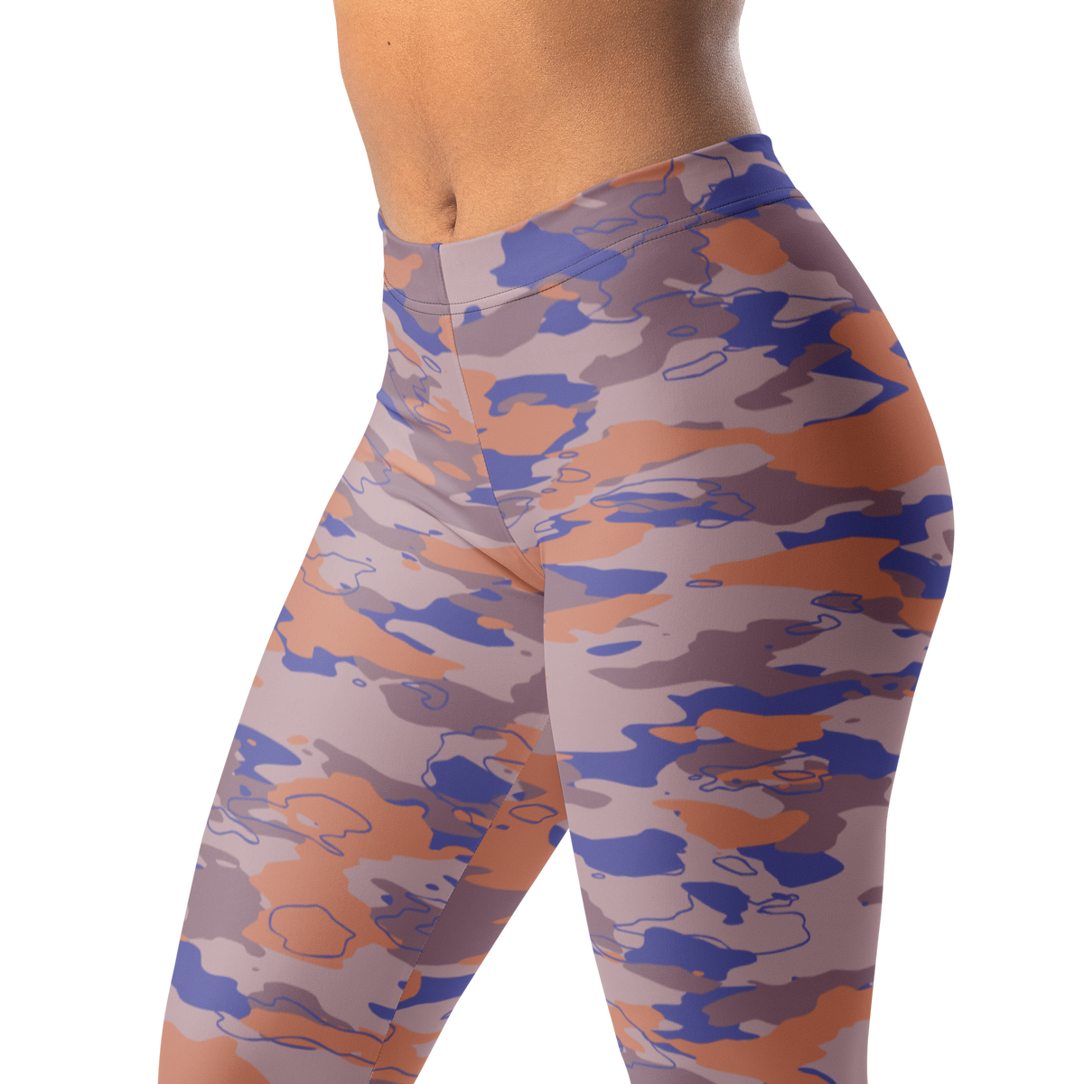 Marsho Very Peri 3 camouflage mid-rise comfort leggings, waistband and pattern detail.