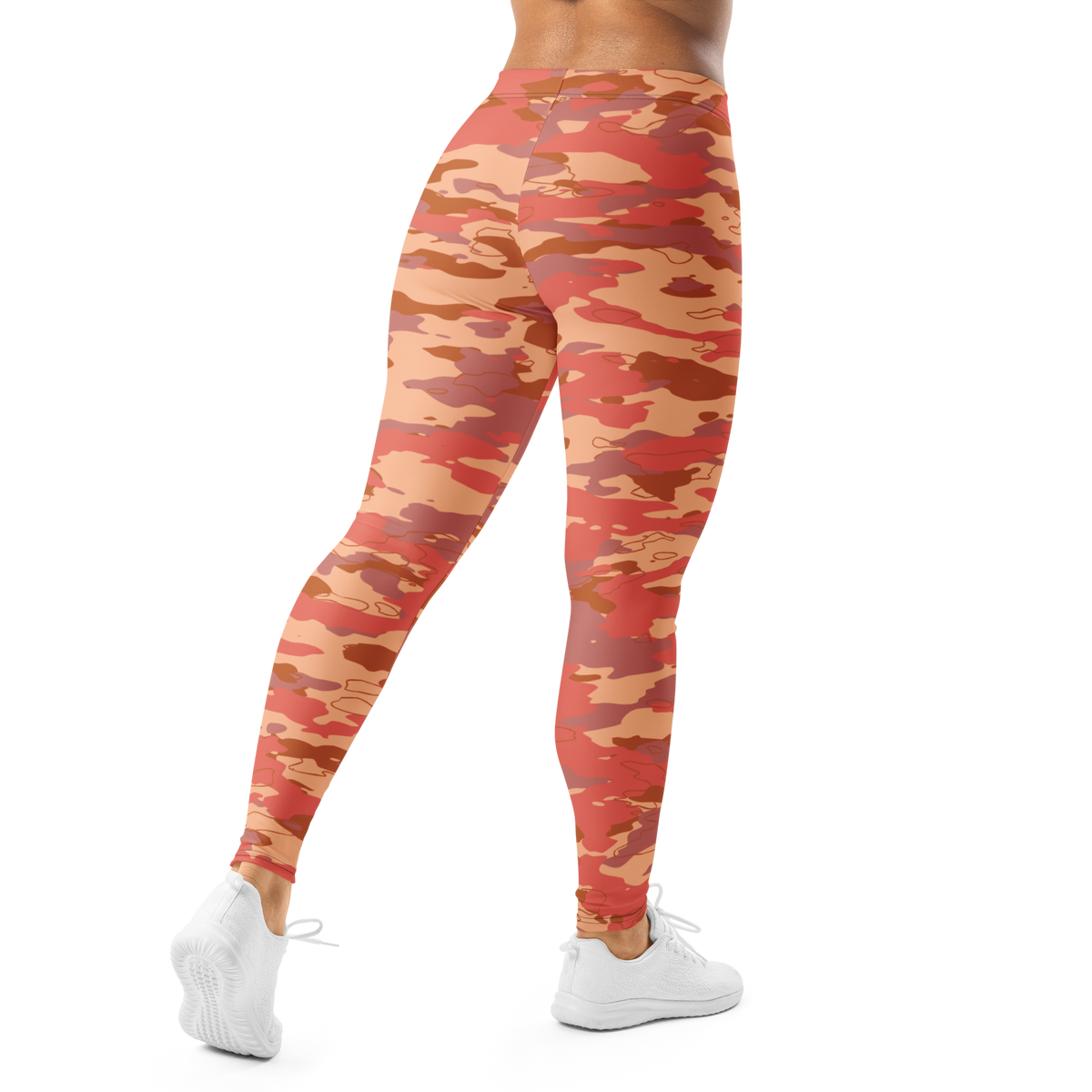 Marsho Warm Sunset camouflage mid-rise comfort leggings, back view.