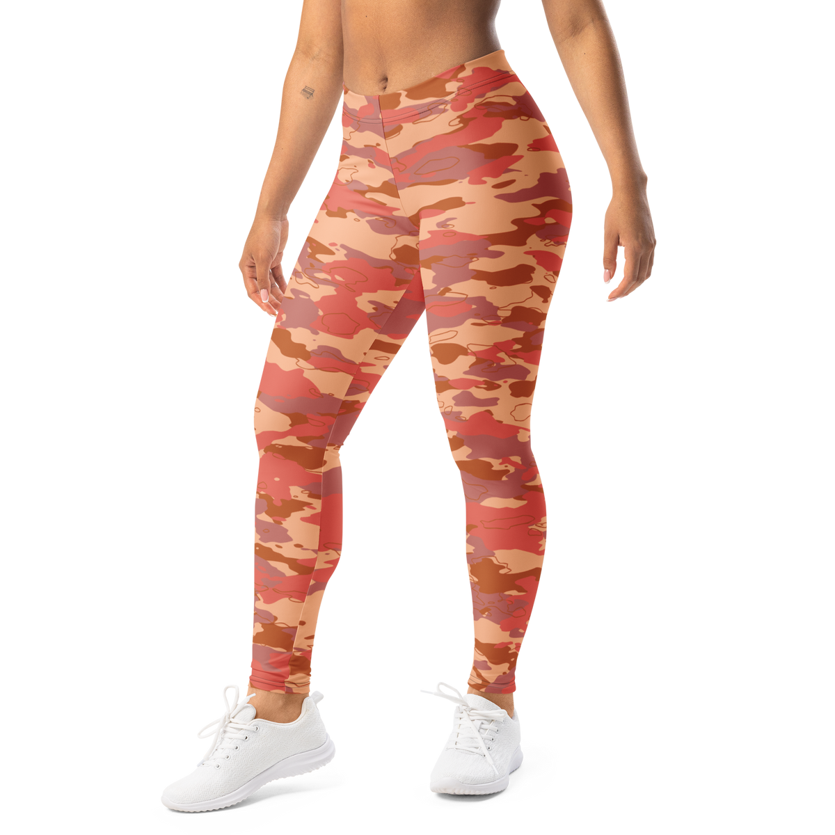 Marsho Warm Sunset camouflage mid-rise comfort leggings, left-front view.