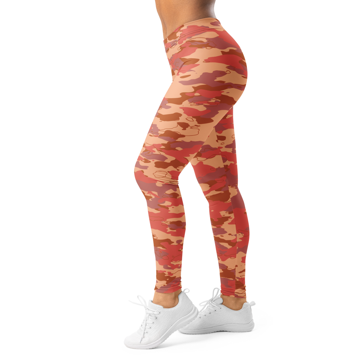 Marsho Warm Sunset camouflage mid-rise comfort leggings, left-side view.