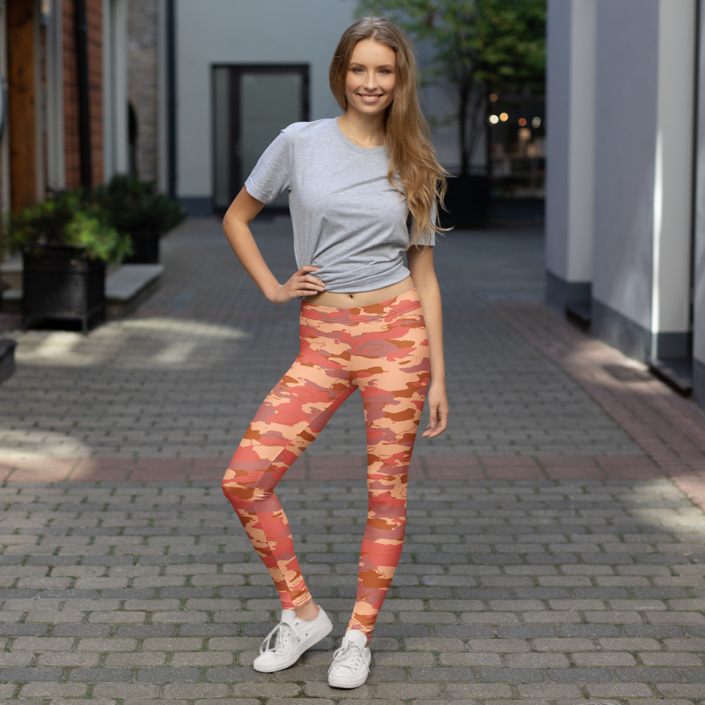 Marsho Warm Sunset camouflage mid-rise comfort leggings, lifestyle front view.