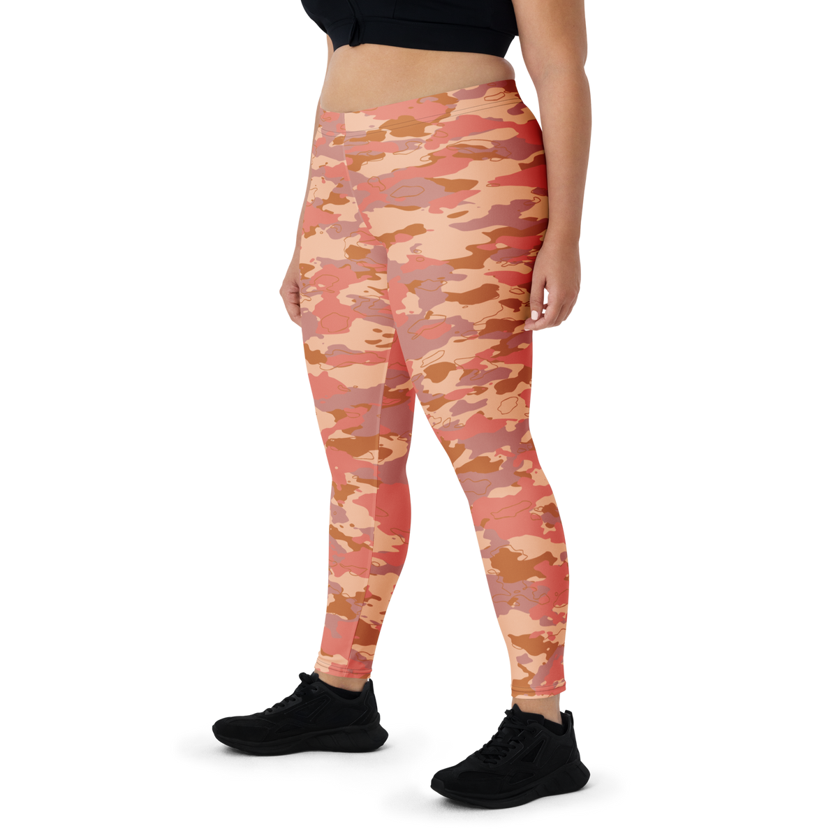 Marsho Warm Sunset camouflage mid-rise comfort leggings, oversize-fit front view.