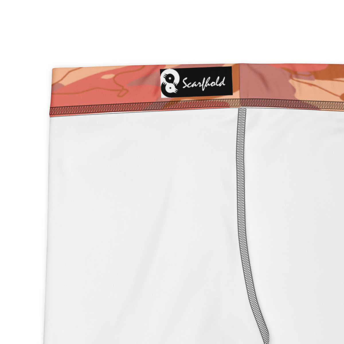 Marsho Warm Sunset camouflage mid-rise comfort leggings, fabric and construction details.
